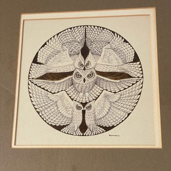 Vintage Original Pen and Ink Drawing Owls EB Rothwell - Picture 2 of 10